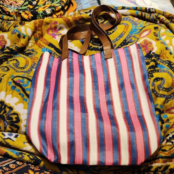NWOT Free People Woven Stripe Tote Double Leather Handles - Picture 1 of 11